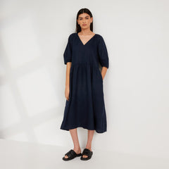 The Linen Oversized Puff-Sleeve Dress | Navy