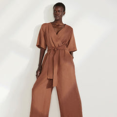 The Wrap Jumpsuit in Linen | Carob Brown
