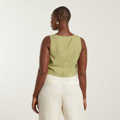 The Linen Button-Front Crop Tank | Leek