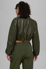 Faux Leather Cropped Premier Bomber - Green Olive