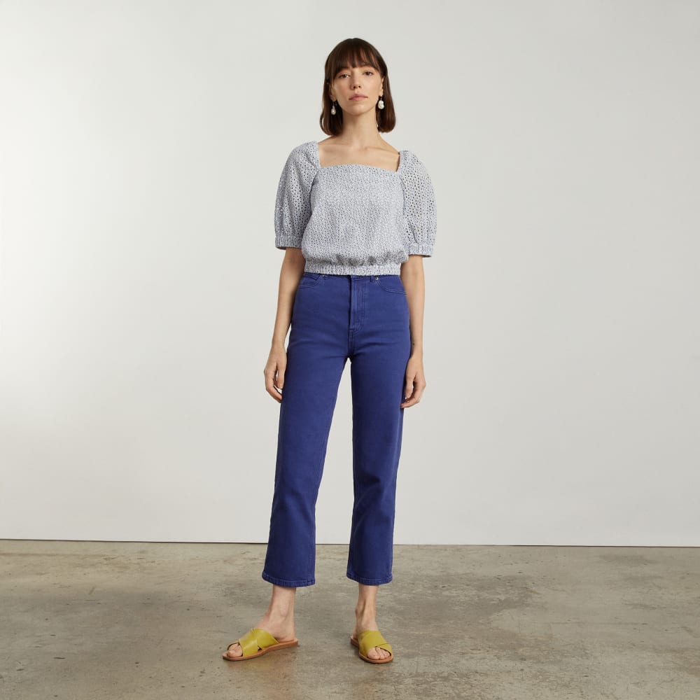 The Eyelet Puff Sleeve Top | Deep Blue / White