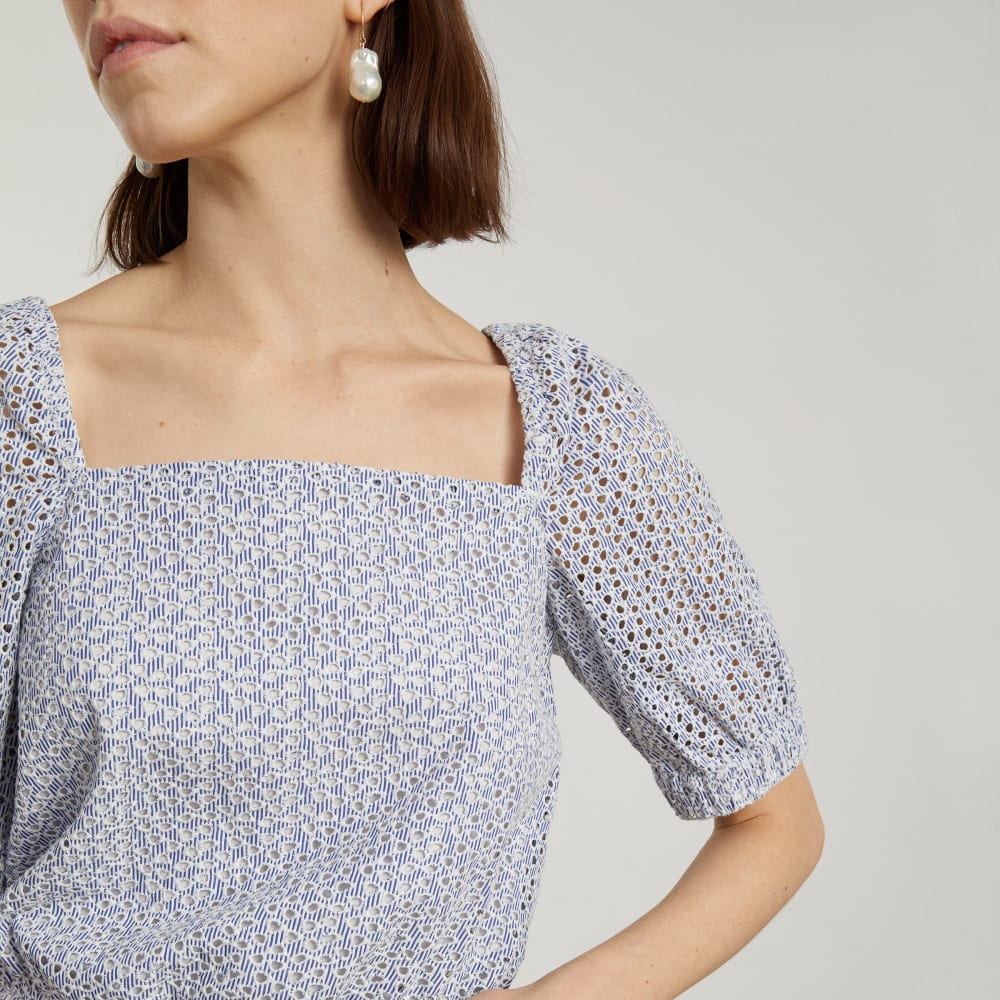 The Eyelet Puff Sleeve Top | Deep Blue / White