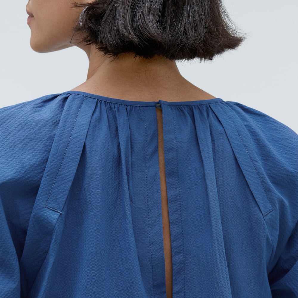 The Seersucker Puff Sleeve Dress | Deep Blue