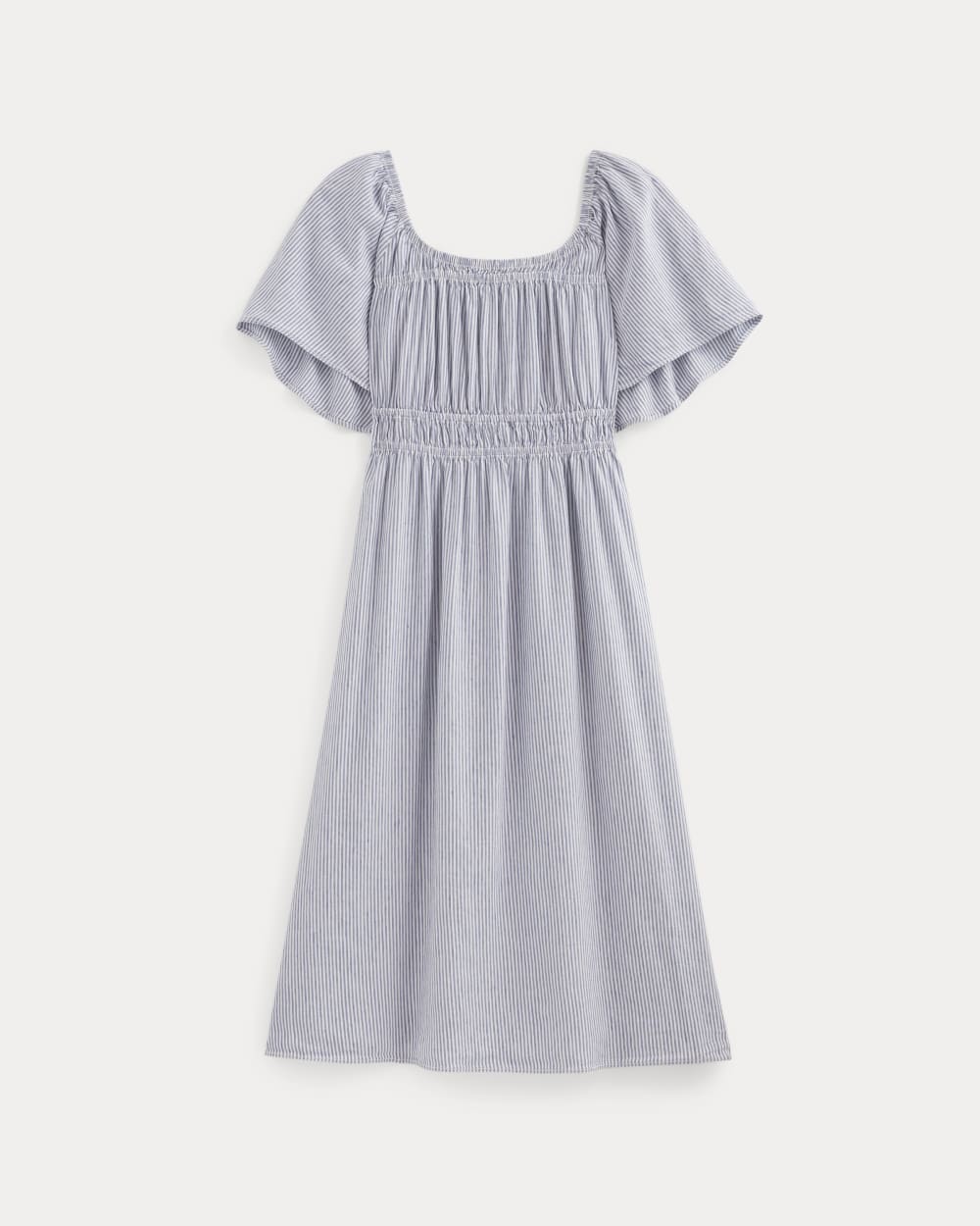 The Flutter-Sleeve Dress in Stretch Linen | White / Dutch Blue