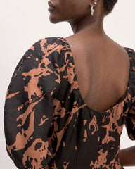 The Linen Short-Sleeve Scoop Midi Dress | Carob Brown Abstract