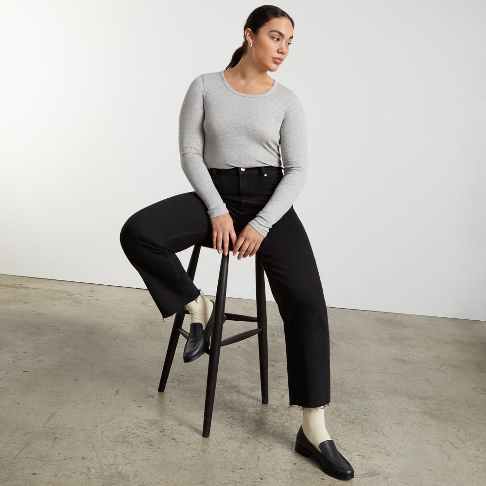 The Pima Micro-Rib Cropped Long-Sleeve Crew |  Heathered Grey