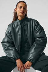 Faux Leather Premier Bomber - Charcoal Green