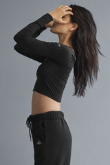 Asymmetric Sheer Glow Long Sleeve - Black