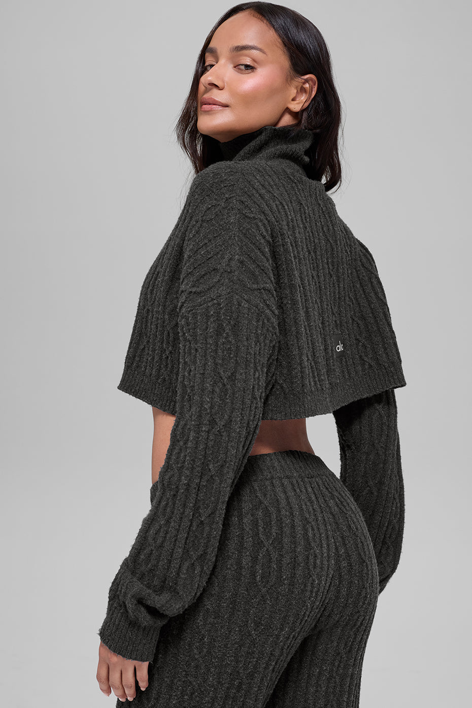 Cable Knit Cropped Winter Bliss Turtleneck Long Sleeve - Dark Heather Grey