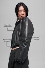 Faux Leather Cropped Premier Bomber - Black