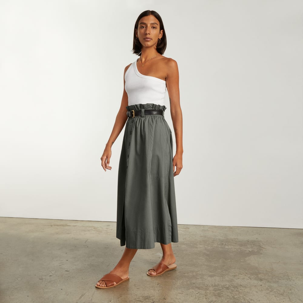 The Easy Button-Front Skirt | Pewter Green