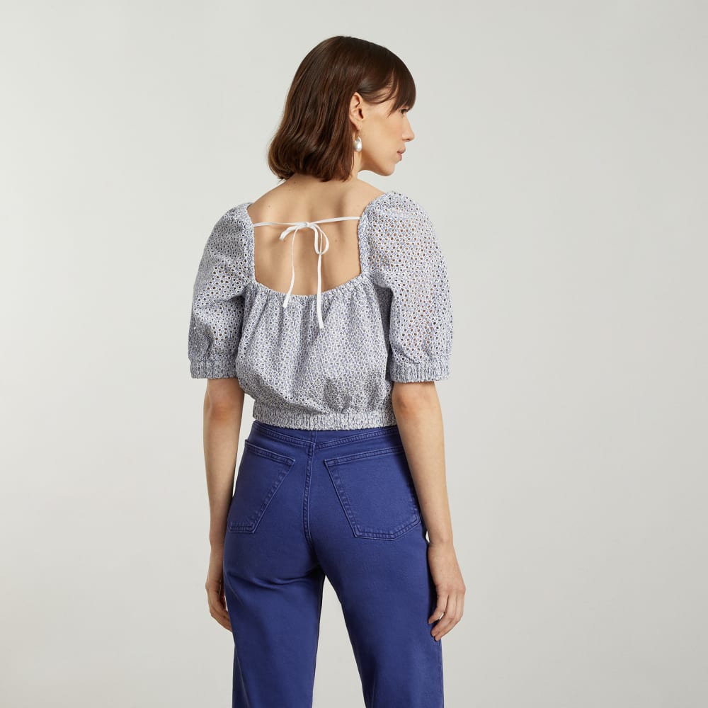 The Eyelet Puff Sleeve Top | Deep Blue / White