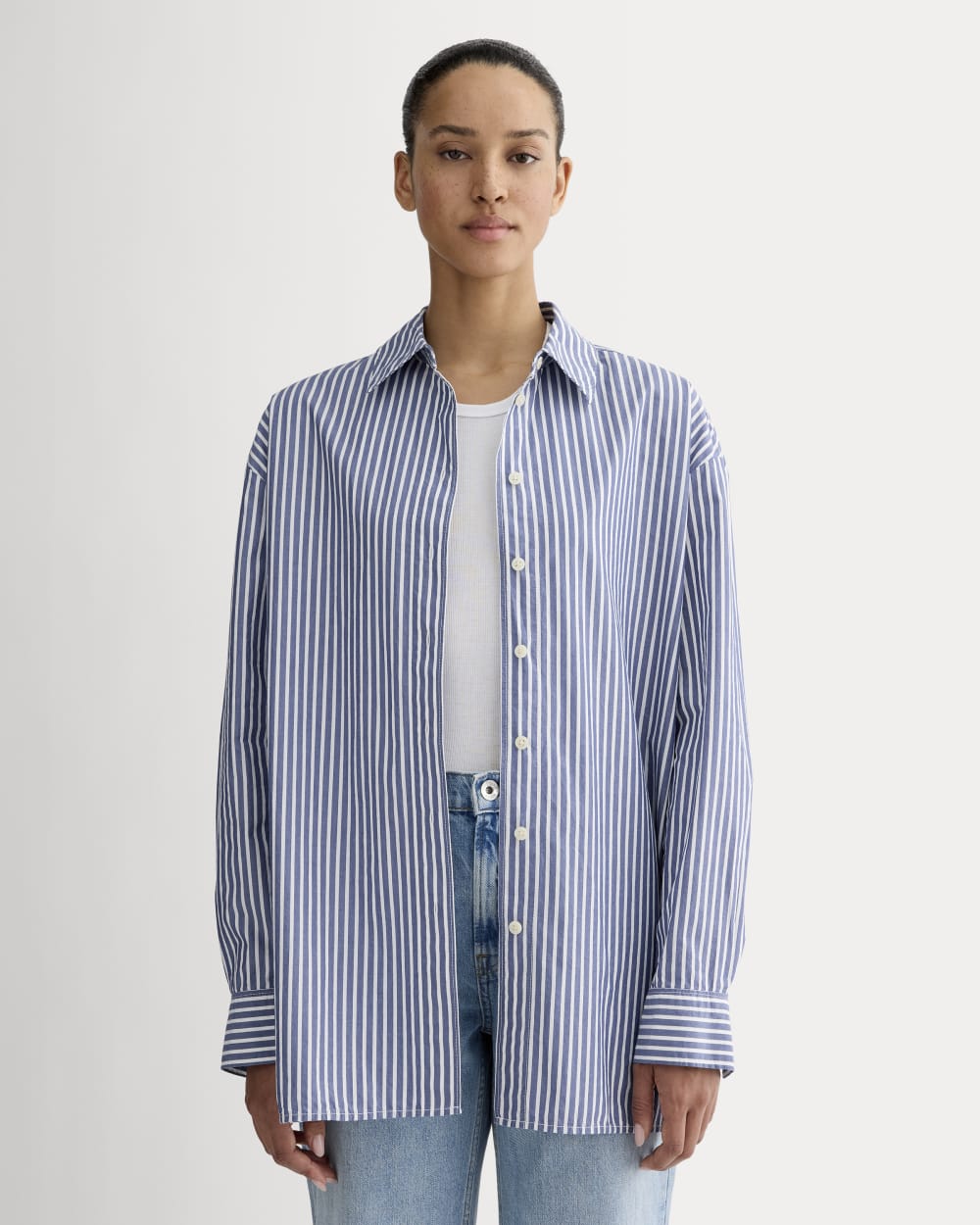The Boyfriend Shirt in Ultrasoft Cotton | Bone / Mazarine Blue