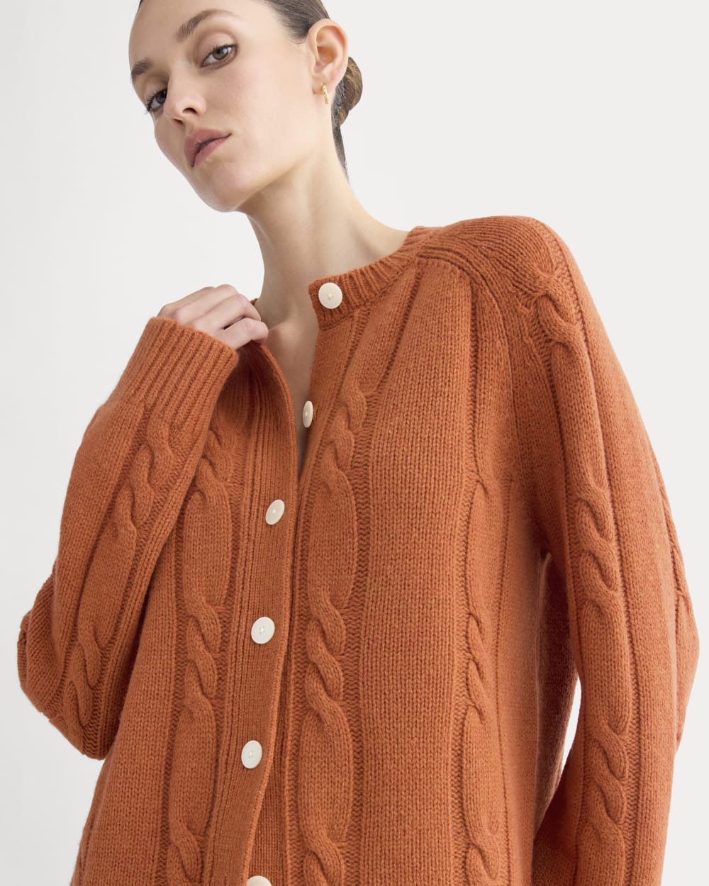 Cable Cardigan in Extrafine Luxe Merino | Rust Heather