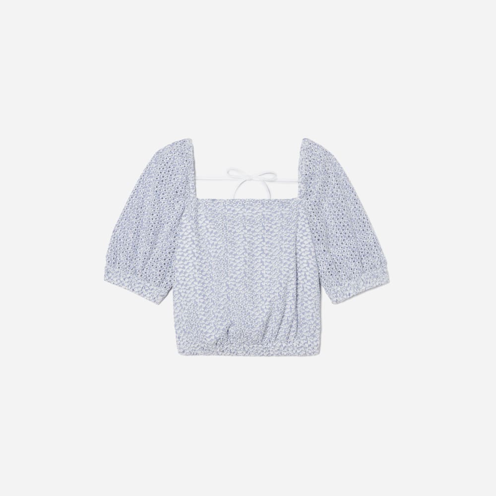 The Eyelet Puff Sleeve Top | Deep Blue / White