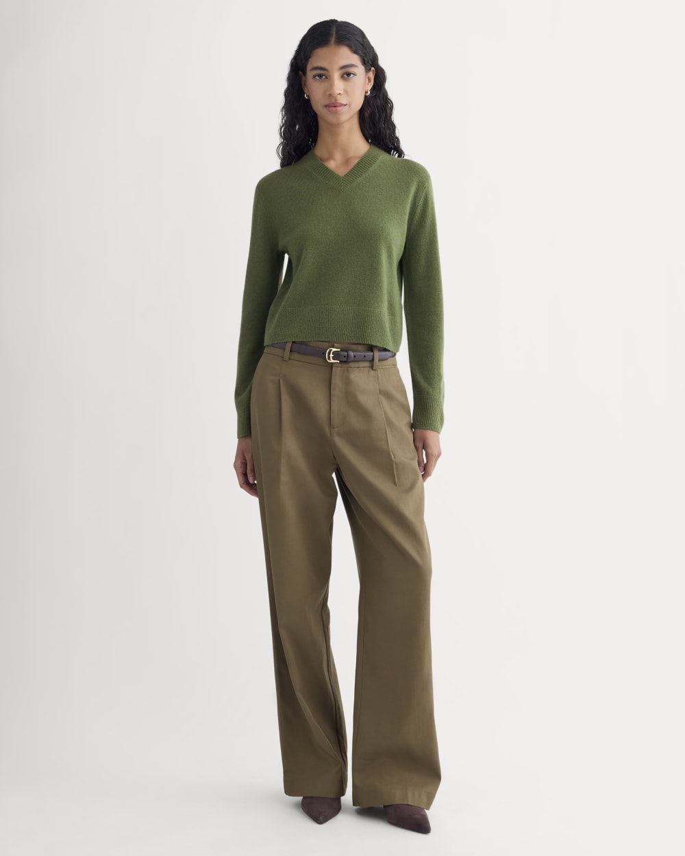 Cashmere Cropped High-V Sweater | Forest Green