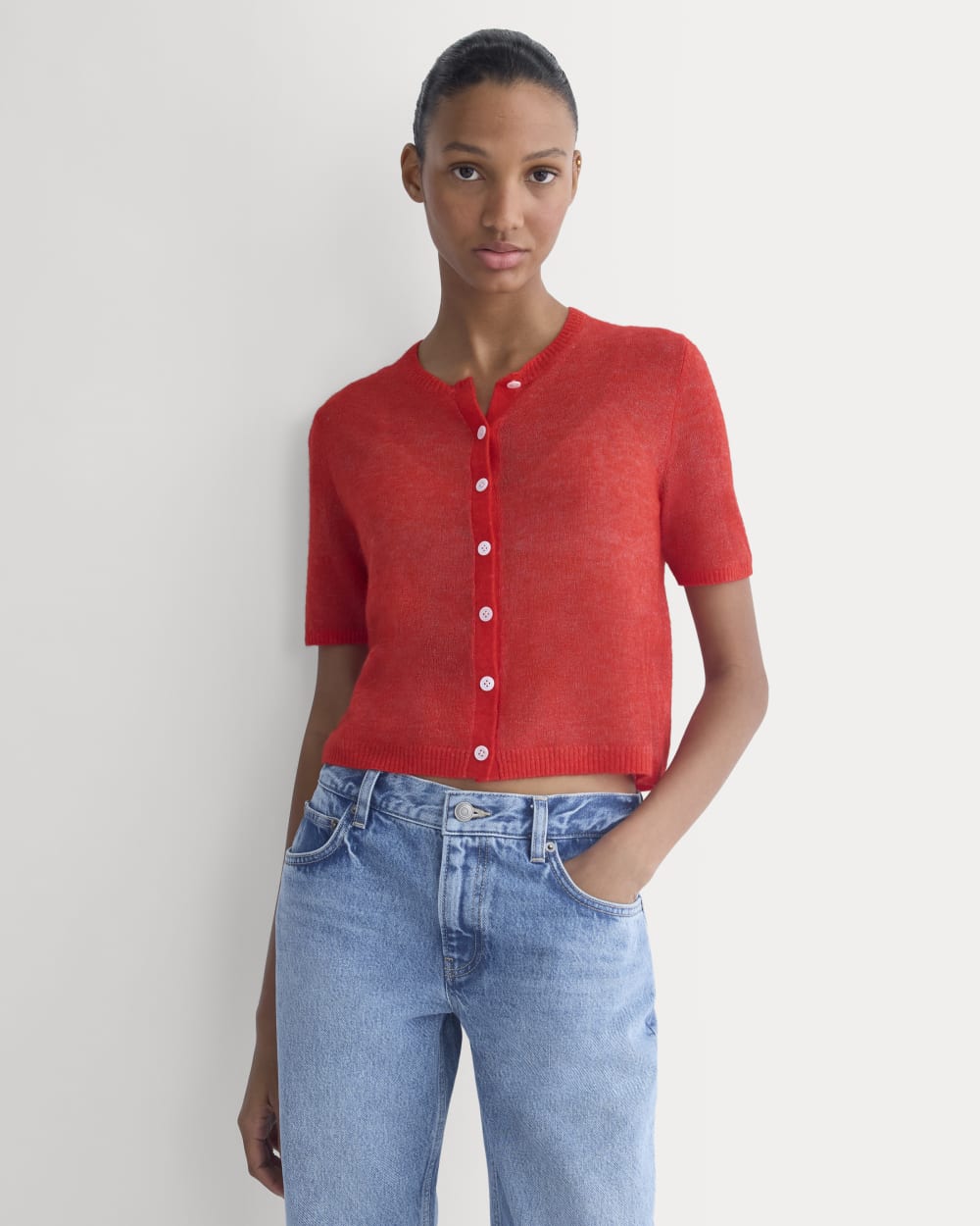 The Air Alpaca™ Short-Sleeve Cardigan | Fiery Red